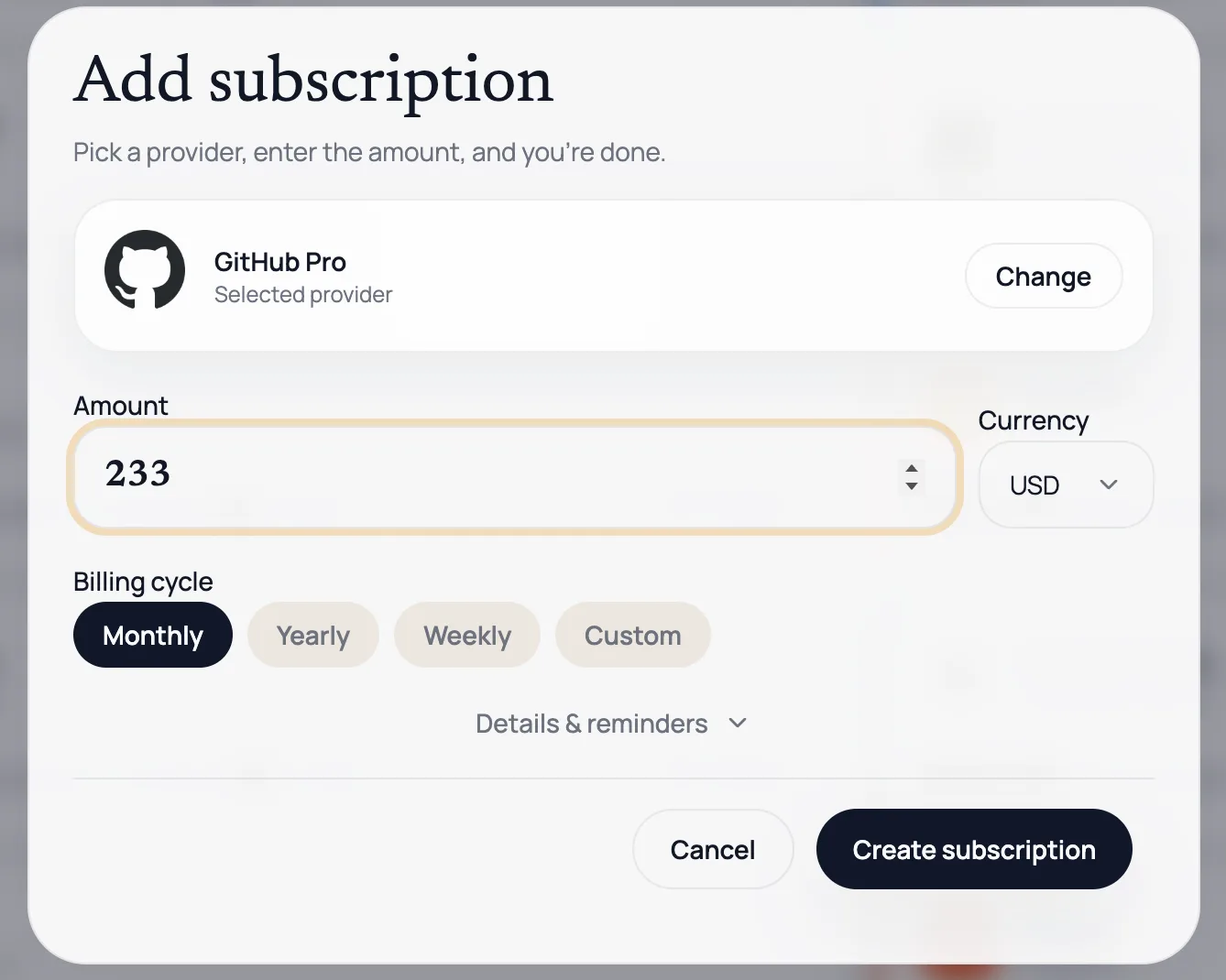 Subscription form with amount, currency, and billing cycle selection