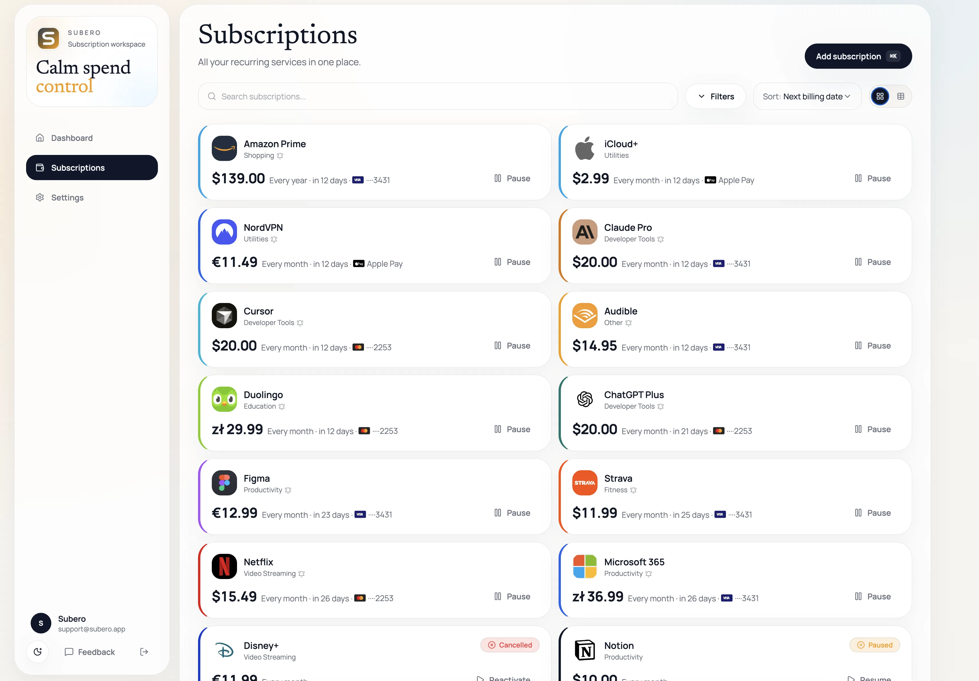 Subscriptions grid view showing cards with provider details, amounts, and billing status